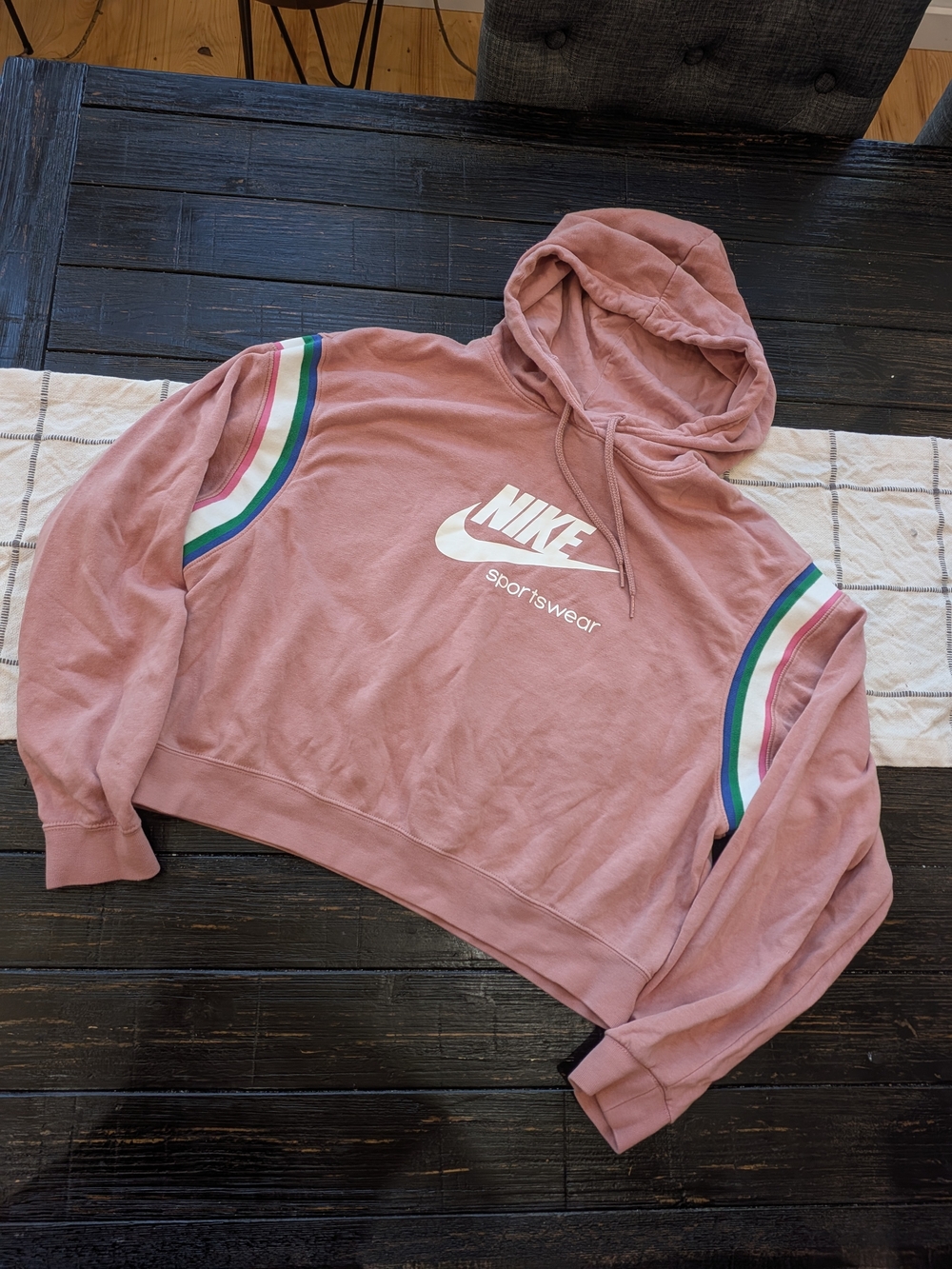 NIKE Hoodie Heritage Cropped • Pink/Mauve • Pullover •  Rainbow Stripes • Medium